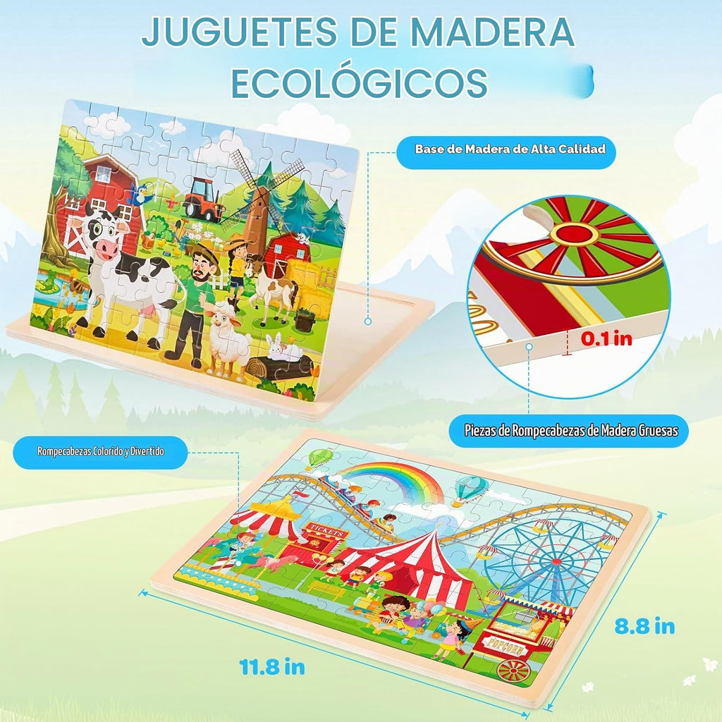 6 paquetes de rompecabezas de madera para niños de 4 a 6 años, 60 piezas de rompecabezas de dinosaurios y animales de madera para niños pequeños de 3 a 5 años, juguetes educativos preescolares de