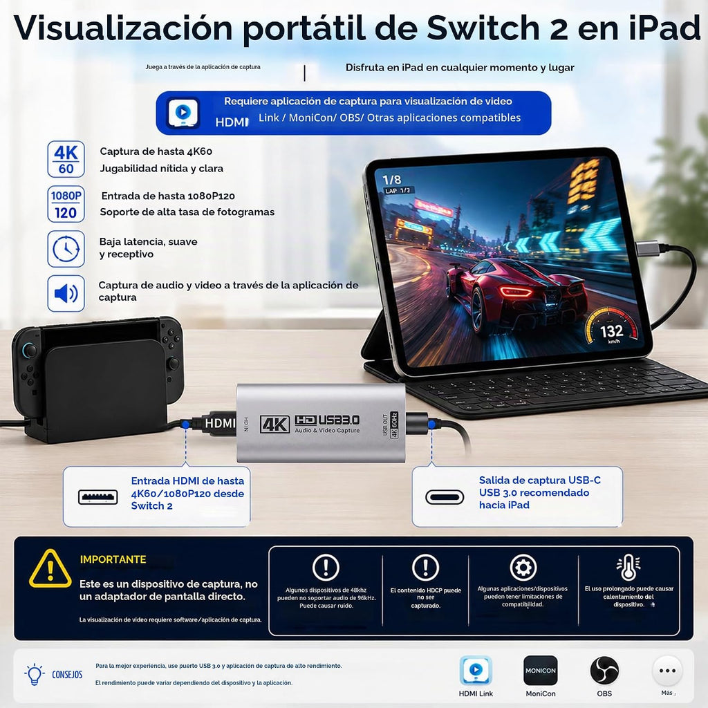 Tarjeta de captura HDMI, USB 3.0 HDMI a USB-C para captura de video, 4K60FPS