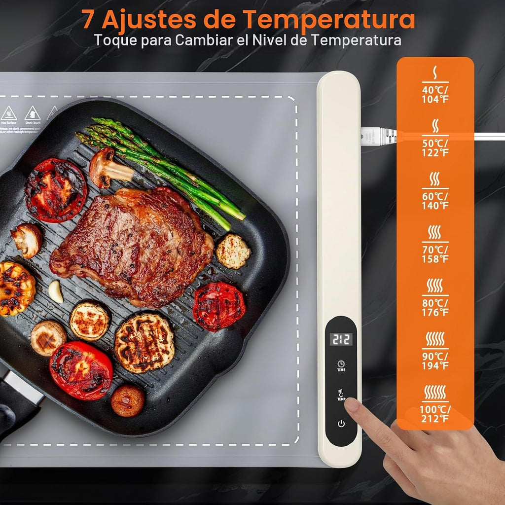 FYY Tapete de calentamiento de alimentos, bandeja de calentamiento eléctrica con 6 ajustes de temperatura y temporizador de 6 horas, calentador de alimentos de grafeno de superficie completa, bandeja