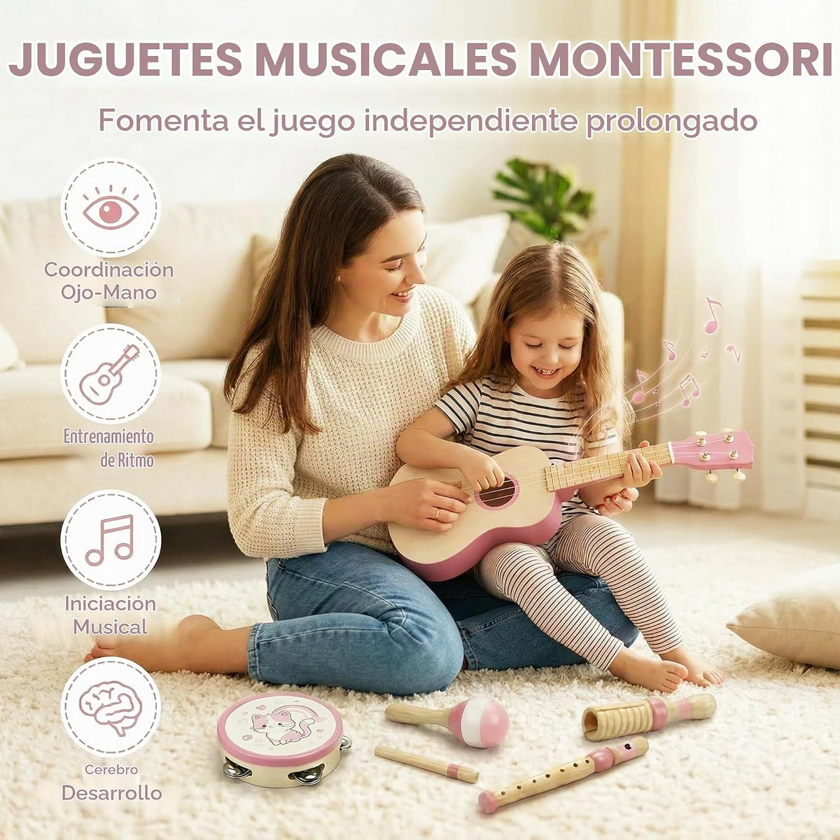 7 en 1 Kids Wooden Musical Instruments, Montessori Toddler Toys