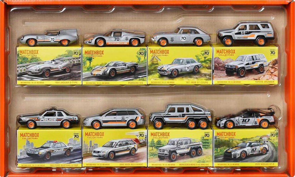 Matchbox Cars, juego de 8 autos fundidos a presión en escala 1:64 con decoraciones de primera calidad, incluyendo 1 vehículo exclusivo, neumáticos de agarre verdadero, acabado en tono platino