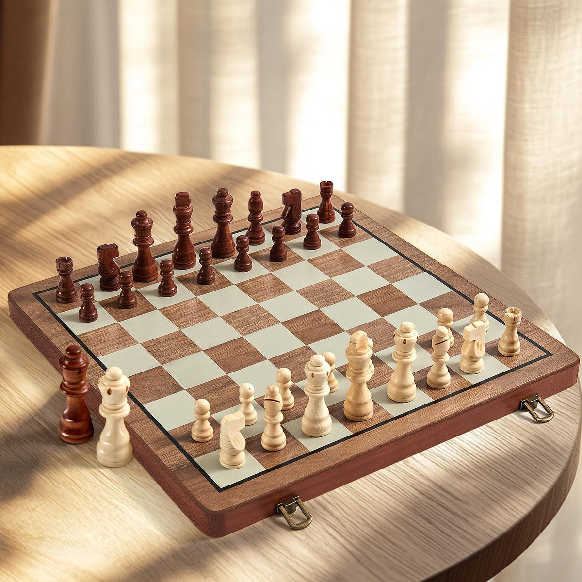 MerryPony 2 en 1 Magnetic Wooden Chess & Checkers Set, 15" Foldable Board