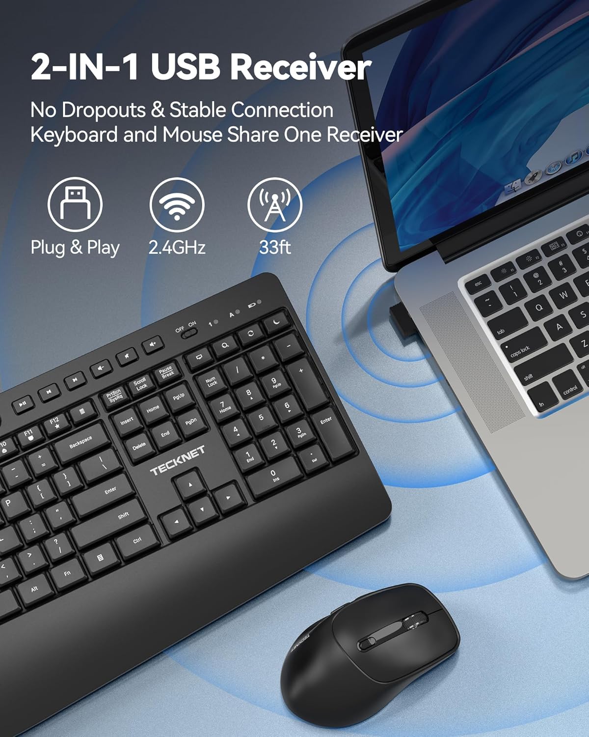 TECKNET Combo de teclado y mouse inalámbricos, teclado ergonómico d...