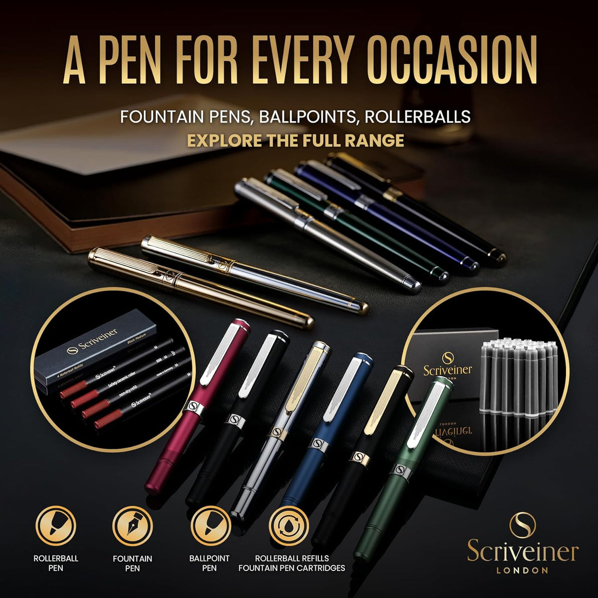 Scriveiner Bolígrafo Rollerball de Laca Negra - Impresionante Bolígrafo de Lujo, Chapado en Oro Real, Repuesto de Tinta Schmidt, El Mejor Set de Regalo de Bolígrafos Roller Ball para Hombres y Mujeres