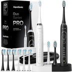 Aquasonic Duo Series PRO - Juego de cepillos de dientes eléctricos ultrablanqueadores - 5 modos y temporizadores inteligentes - Estuches de viaje premium y 10 cabezales de cepillo Proflex - Cepillos