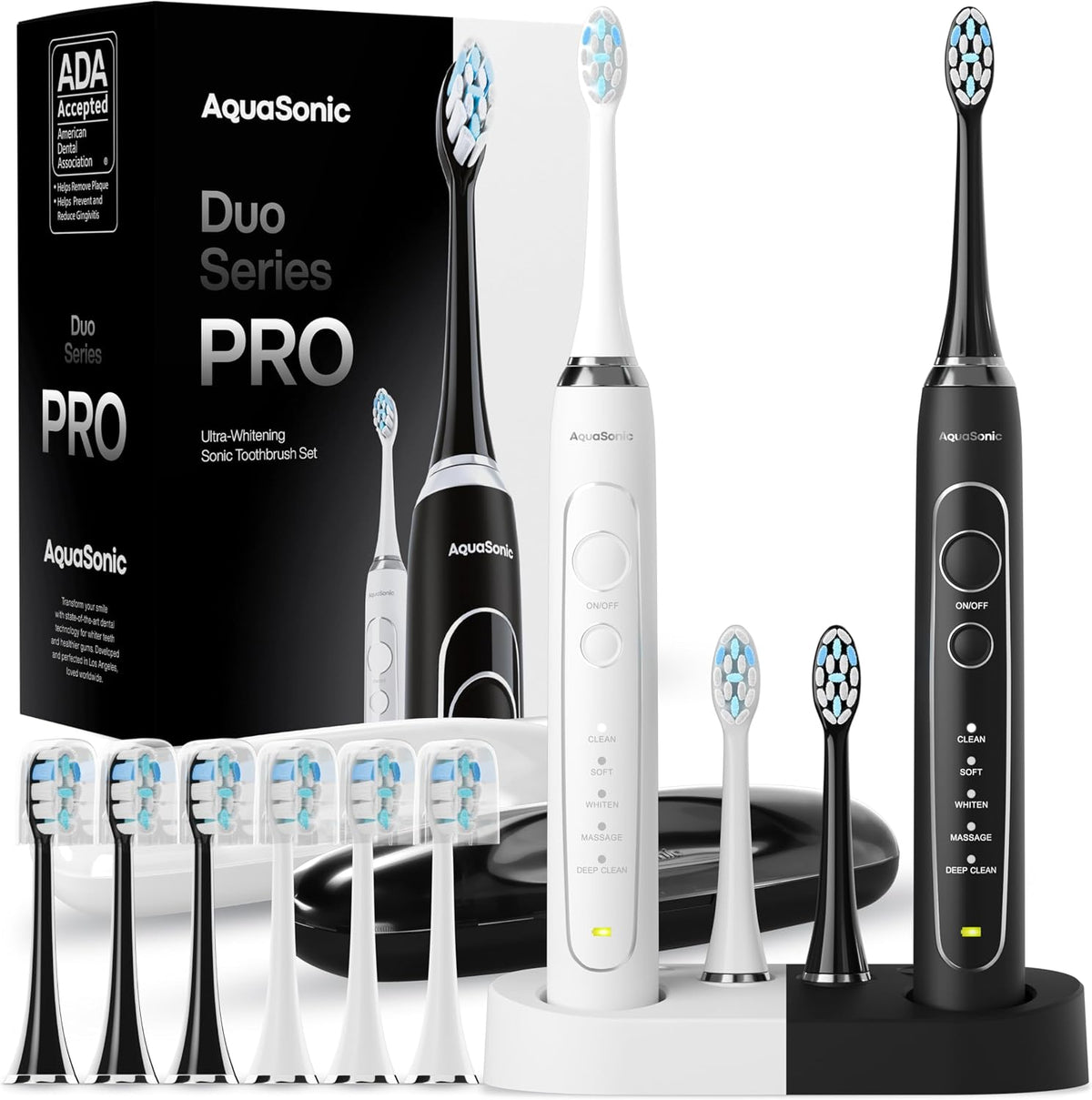 Aquasonic Duo Series PRO - Juego de cepillos de dientes eléctricos ultrablanqueadores - 5 modos y temporizadores inteligentes - Estuches de viaje premium y 10 cabezales de cepillo Proflex - Cepillos