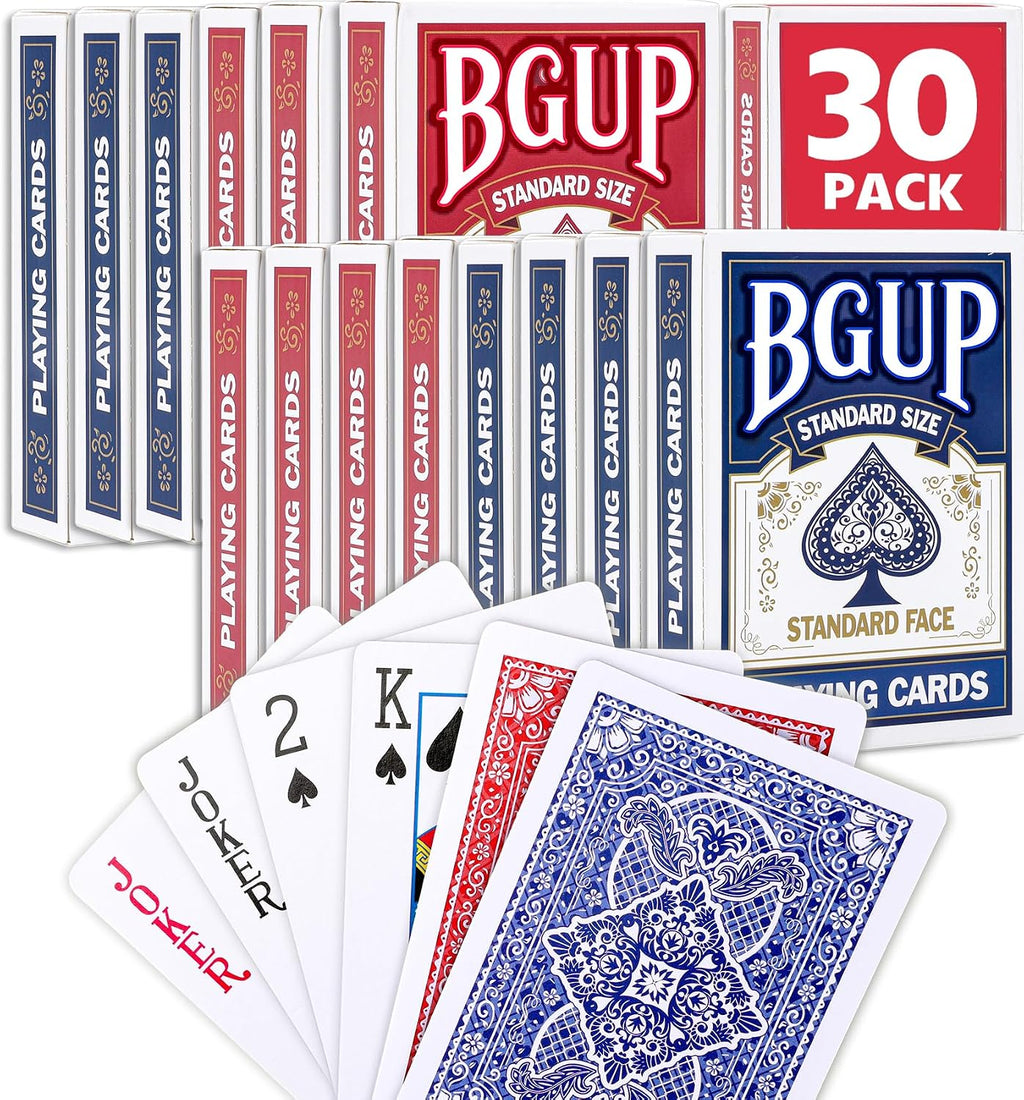 Juego de cartas, 30 barajas de cartas a granel de tamaño estándar, perfectas para juegos de cartas clásicos, juegos de fiesta, blackjack, juegos de cartas para familias y actuaciones mágicas (rojo/azul)