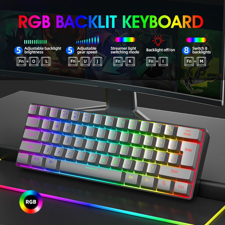Snpurdiri Teclado para juegos 60% con cable, retroiluminado RGB, ul...