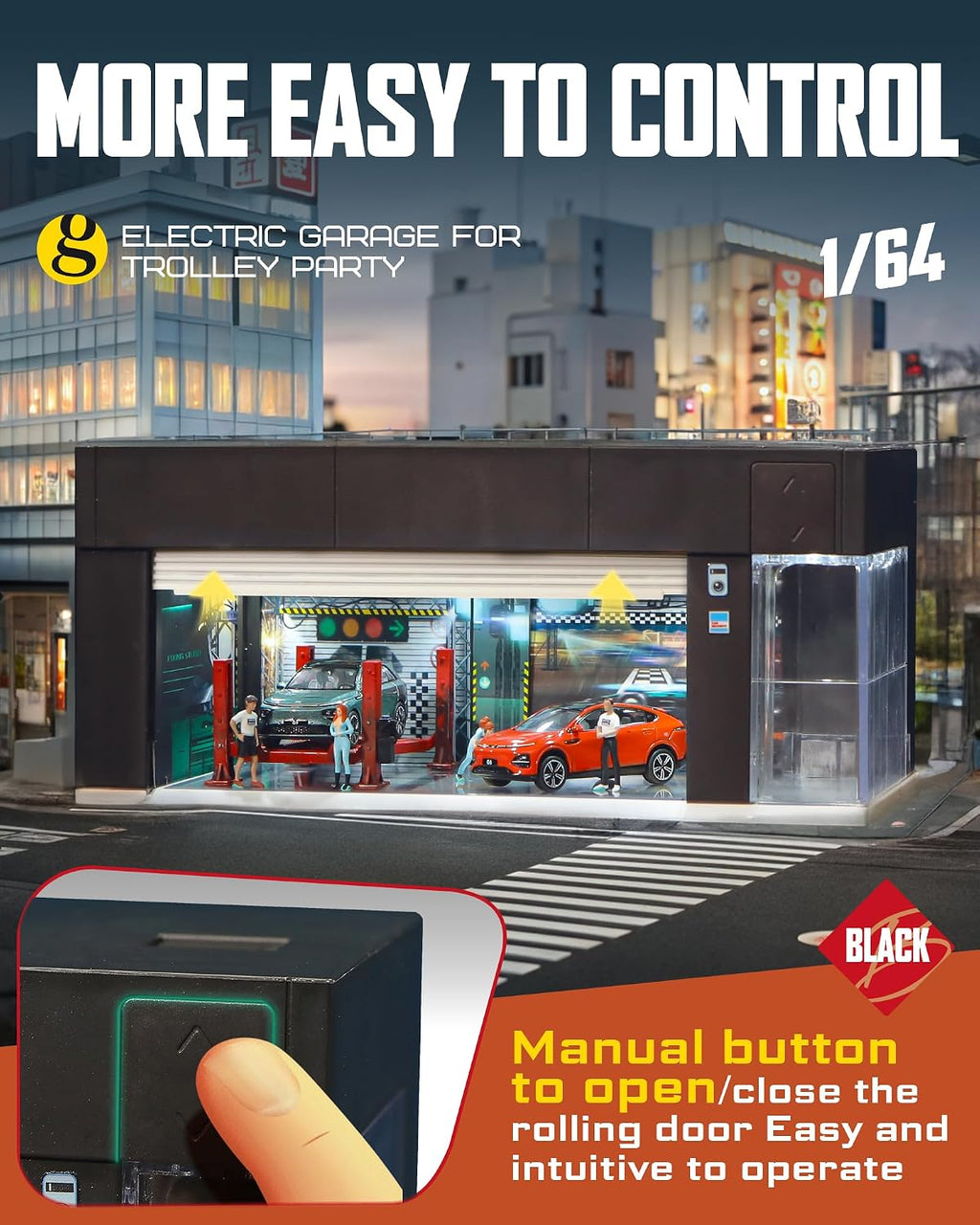 Vitrina de Exhibición de Fundición a Escala 1/64 para Almacenamiento de Hot Wheels con Luces LED, Garaje Eléctrico Apilable con Control de Voz, 3 Escenas 3D Intercambiables Diorama de
