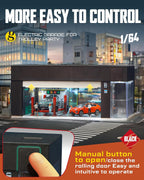 Vitrina de Exhibición de Fundición a Escala 1/64 para Almacenamiento de Hot Wheels con Luces LED, Garaje Eléctrico Apilable con Control de Voz, 3 Escenas 3D Intercambiables Diorama de