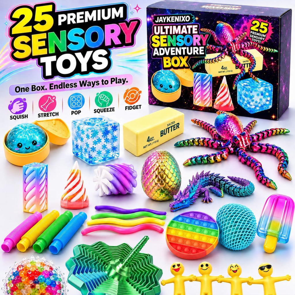 Caja de aventura sensorial definitiva de 25 piezas, juego de juguetes para ansiedad para niños con huevo de dragón, juguetes esponjosos, tubos pop, juguetes elásticos, bolas antiestrés