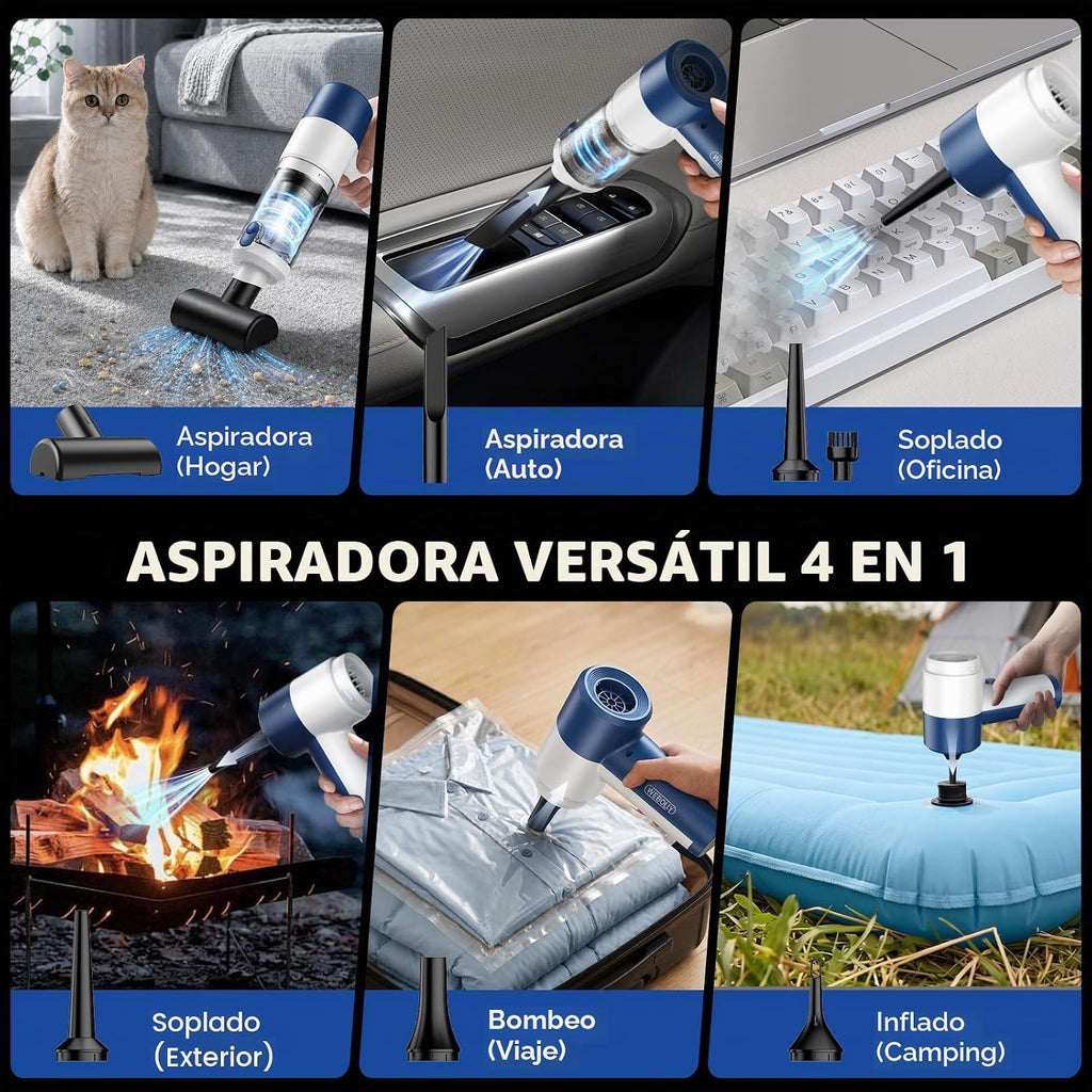 Aspiradora de coche/plumero de aire portátil inalámbrica – Aspiradora de mano de alta potencia de 16000 PA con motor sin escobillas de 85,000 RPM, mini aspiradora recargable 4 en 1, soplador y bomba