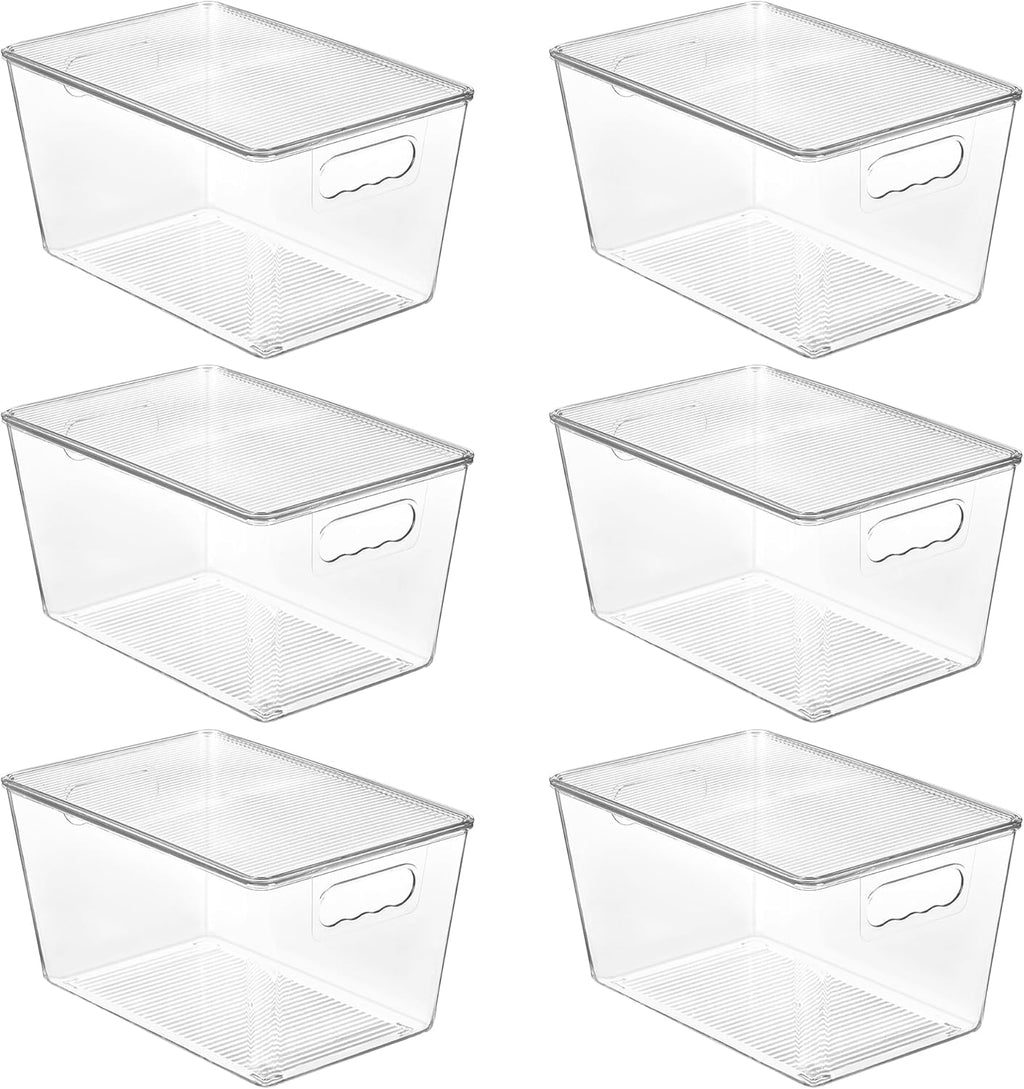 Vtopmart - 6 unidades de contenedores de almacenamiento apilables transparentes con tapas, contenedores de plástico grandes con asa para organizador de despensa y almacenamiento, perfectos para baño