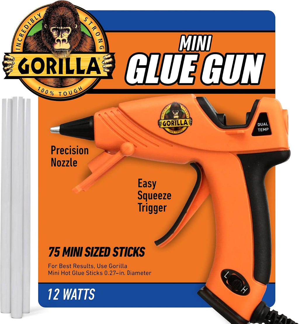 Kit de pistola de pegamento caliente mini Gorilla (paquete de 1 pistola de pegamento caliente mini y 75 barras) - Doble temperatura, boquilla de precisión y gatillo de fácil presión