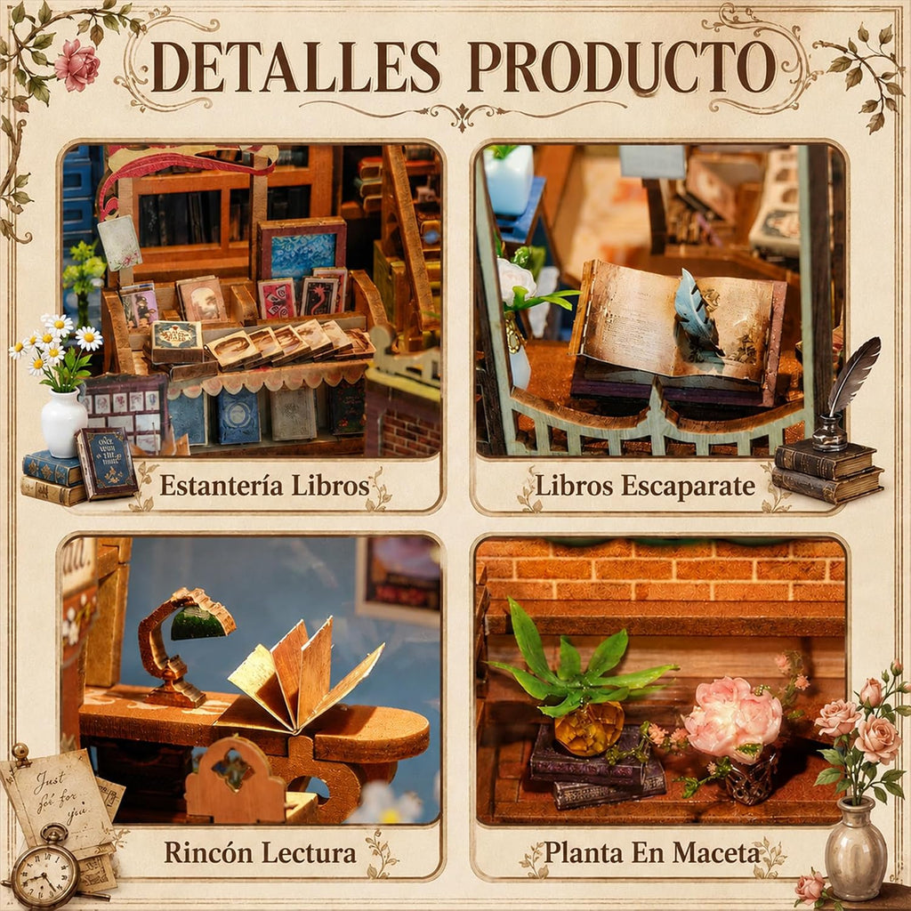 CRIOLPO Kit de rincón de libros en miniatura para adultos con luces LED
