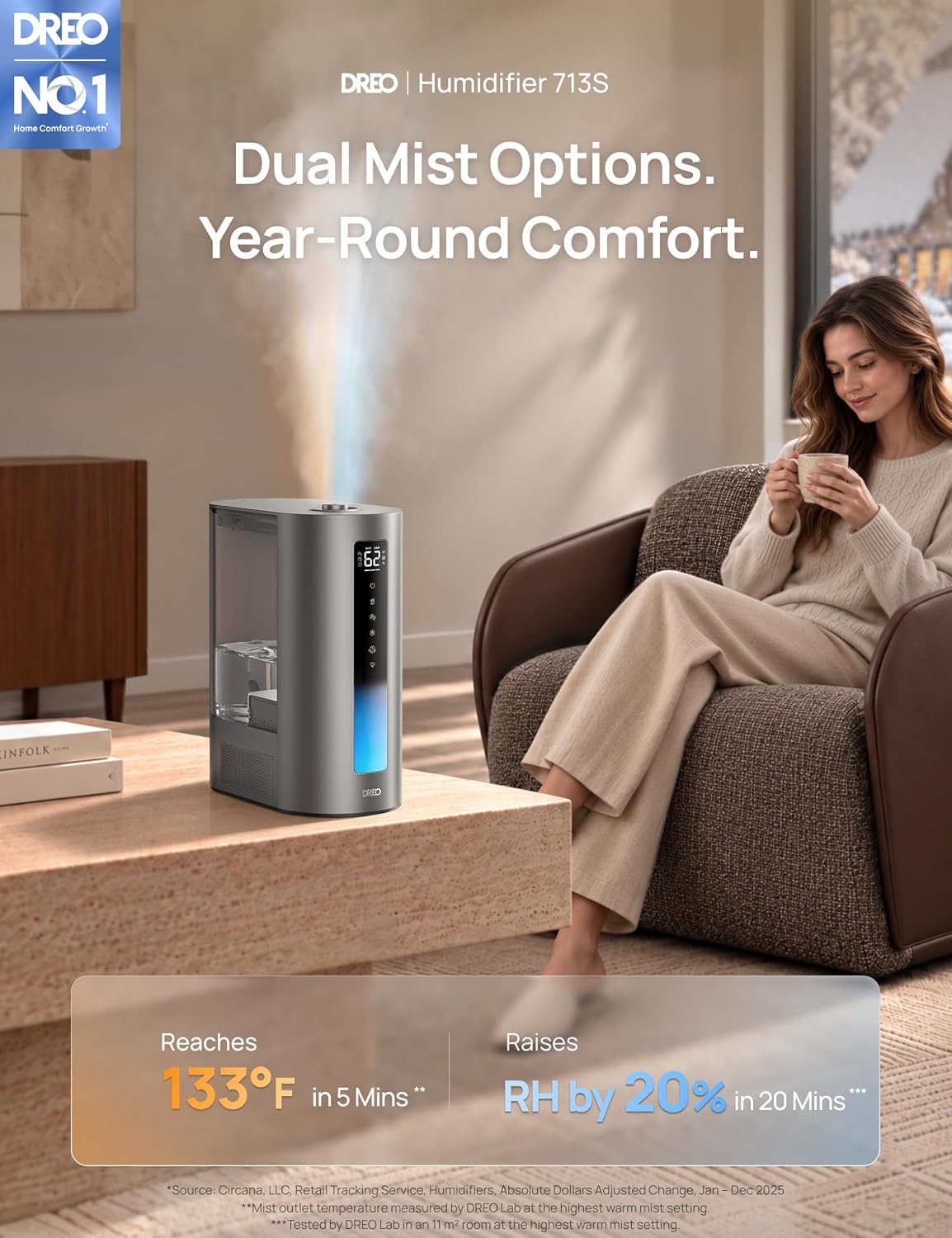 DREO - Humidificadores inteligentes de 6L para dormitorio, niebla cálida y