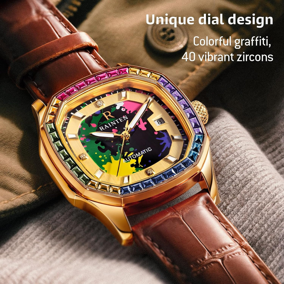 RAINTEN R9011A Reloj Automático Mecánico Mensaje Diamante Acero Inoxidable Resistente al Agua