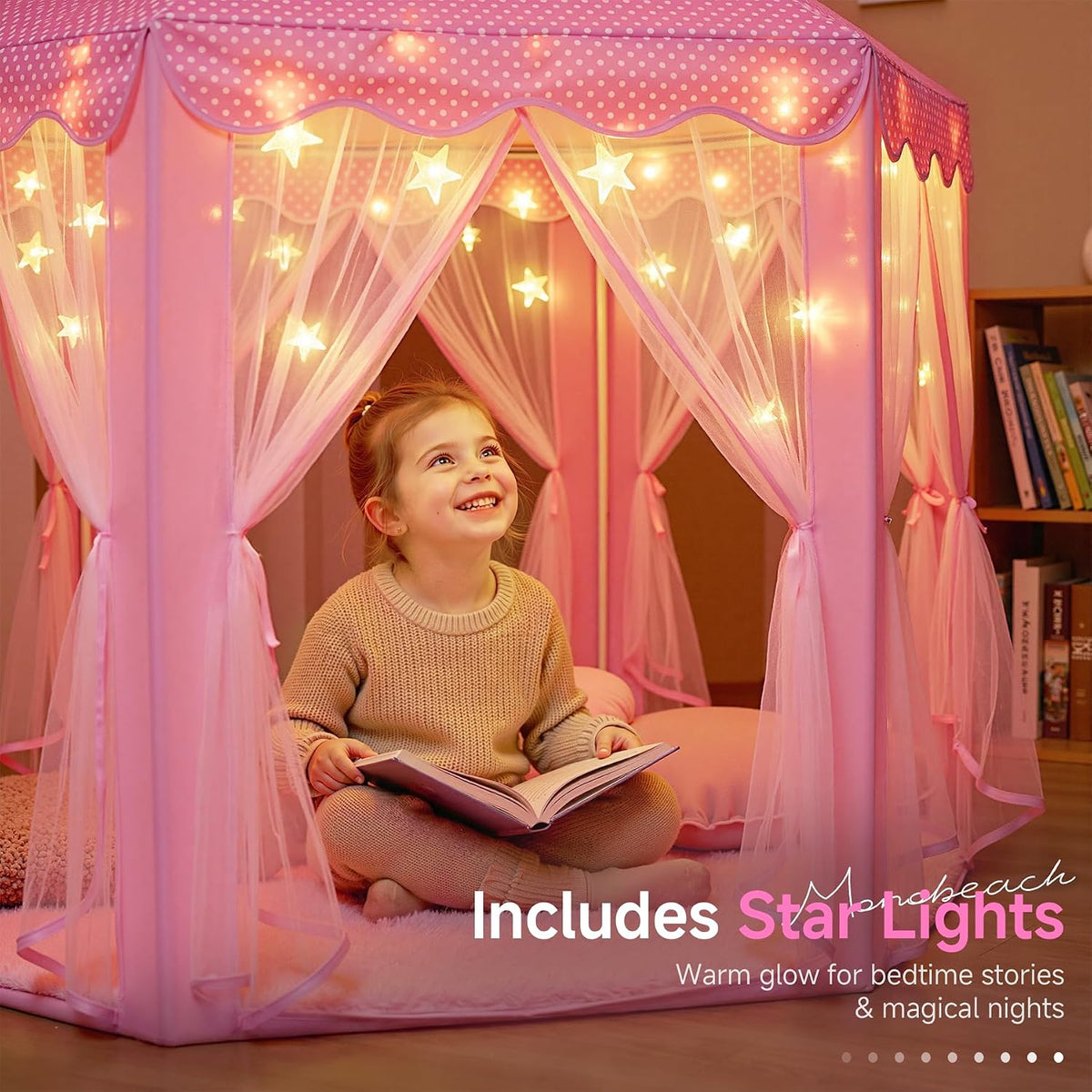 Tienda de campaña de princesa para niñas, casa de juegos grande para niños, castillo con luces de estrella, juguete para interiores y exteriores, 55 x 53 pulgadas (profundidad x alto) (princesa rosa con tapete de juego)
