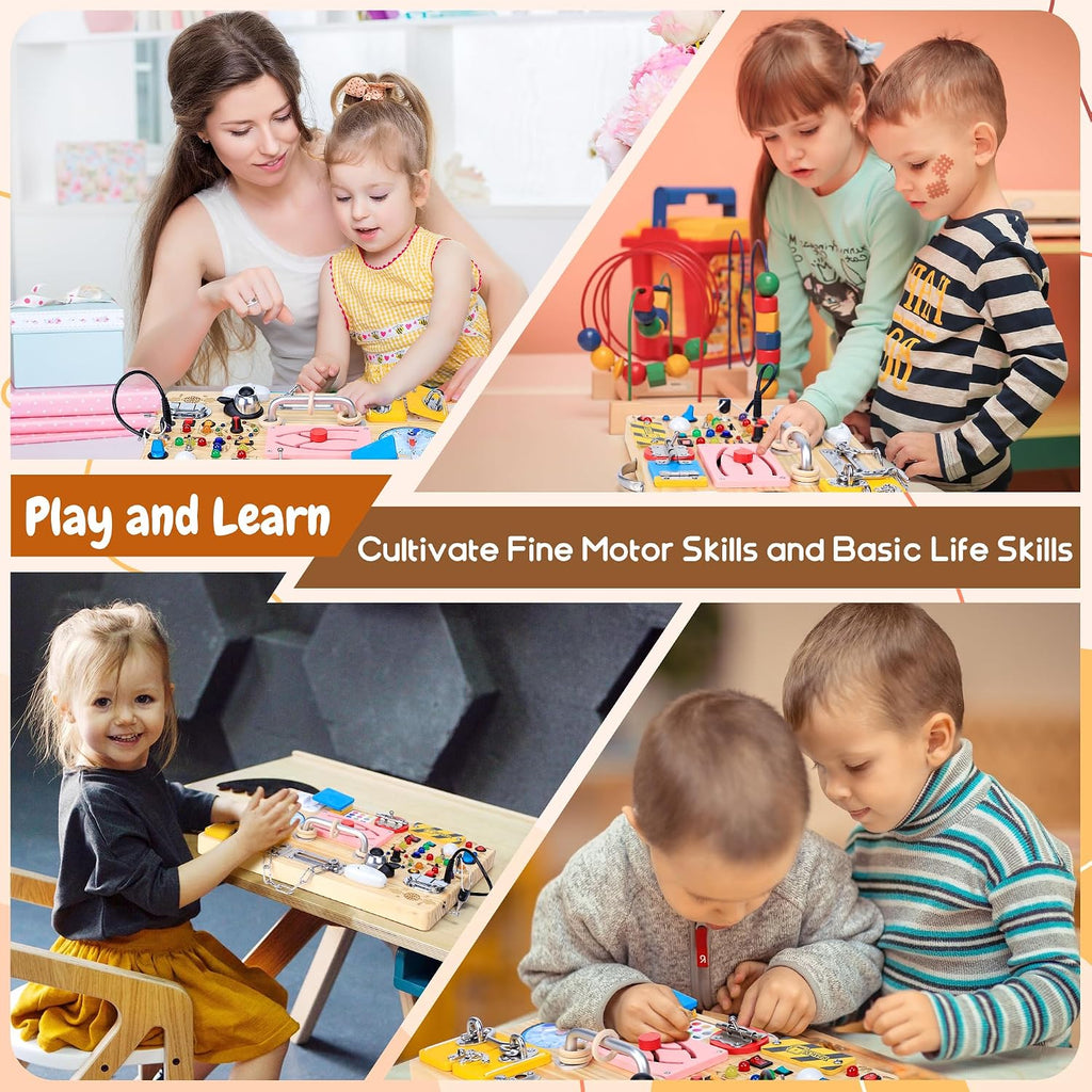 Tablero de actividades 25 en 1 con 13 interruptores de luz LED y 12 actividades, juguetes Montessori para niños de 1, 2, 3 años, tablero sensorial de madera, juguetes de viaje para niños pequeños de 1 año o más, regalo de cumpleaños (extragrande)