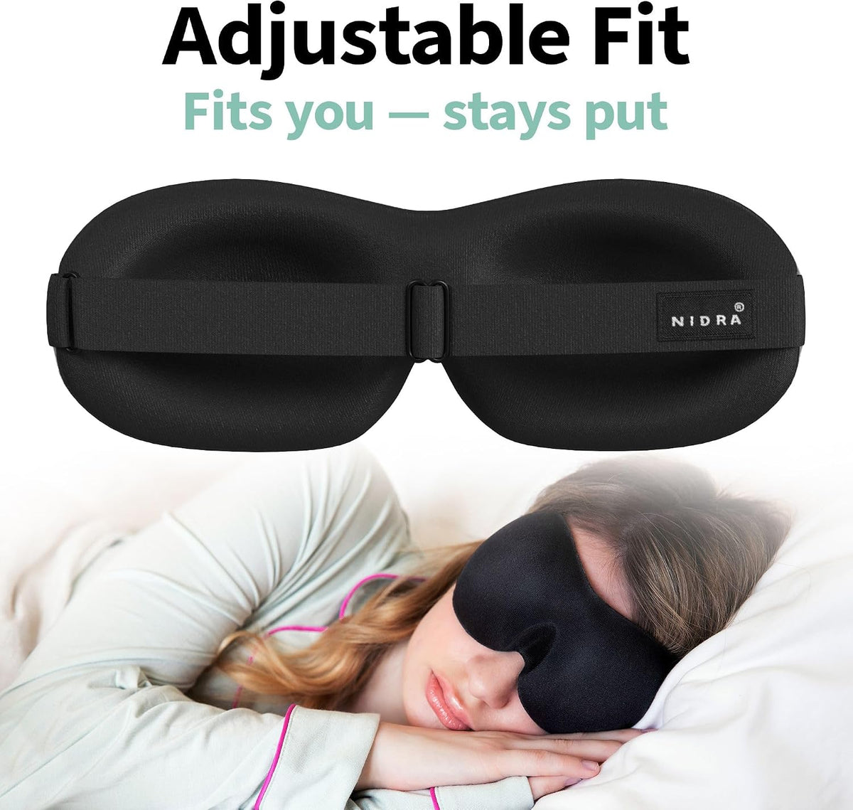 Máscara de dormir de lujo Nidra® patentado profundo sueño máscara para ojos con forma contorneada y ajustable correa cabeza, descanso, dormir en cualquier momento y lugar, Negro, 1