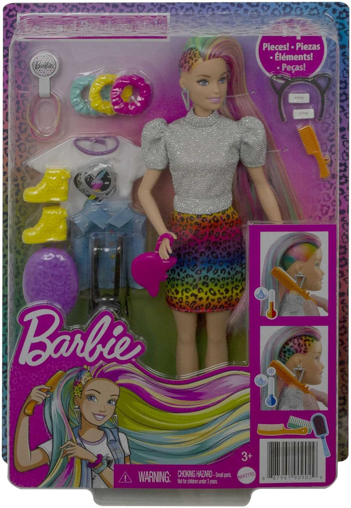 Barbie Muñeca de pelo arcoíris de leopardo con reflejos que cambian...