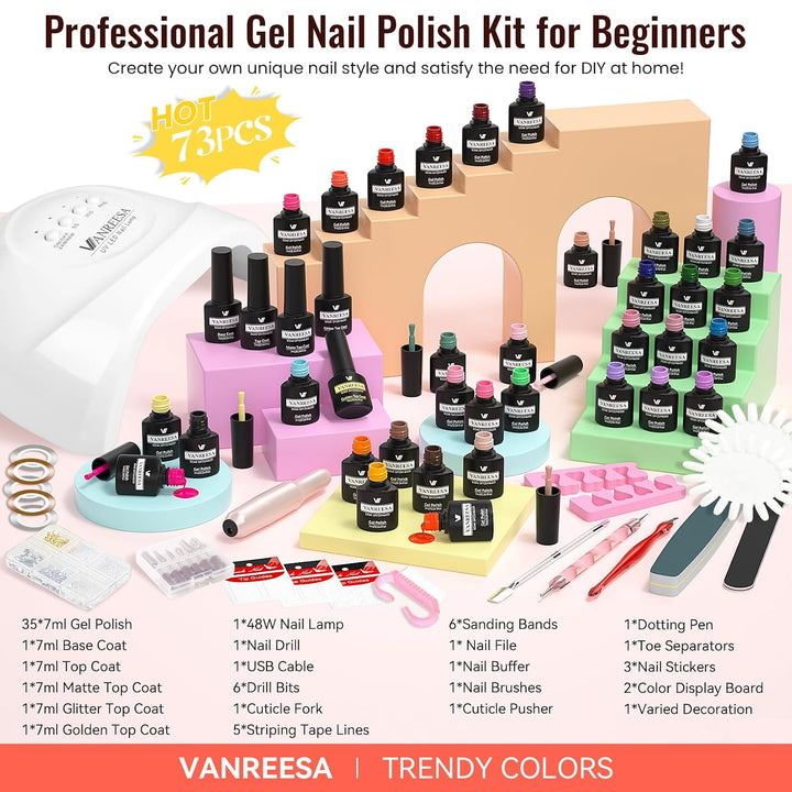 VANREESA Kit de 73 esmaltes de uñas de gel con luz UV y kit de tala...