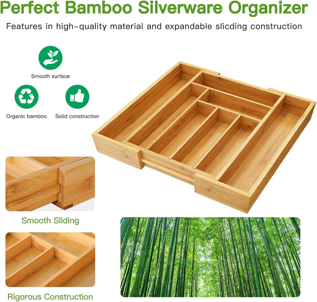 Pipishell Organizador de cajones extensible de bambú para soporte de utensilios, bandeja de cubiertos ajustable, organizador de separadores de cajones de madera para cubiertos, cubiertos, cuchillos en cocina, dormitorio, sala de estar