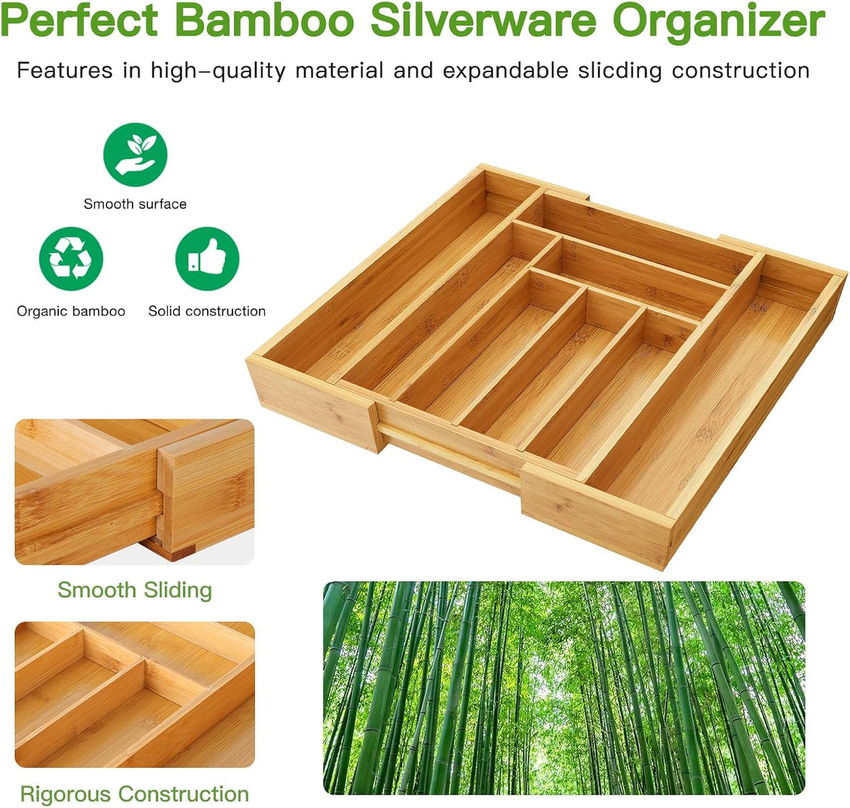 Pipishell Organizador de cajones extensible de bambú para soporte de utensilios, bandeja de cubiertos ajustable, organizador de separadores de cajones de madera para cubiertos, cubiertos, cuchillos en cocina, dormitorio, sala de estar