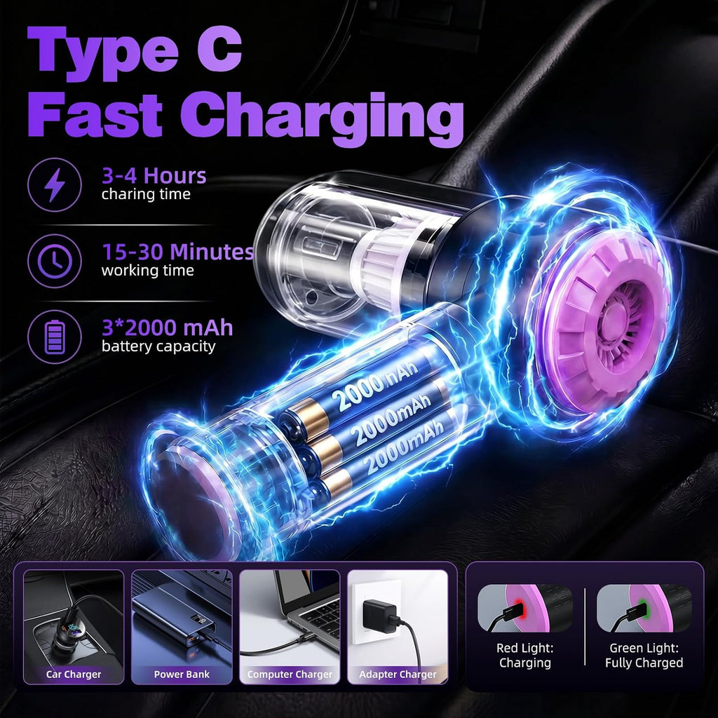 Wansimoo Aspiradora de mano para automóvil, 25000 PA, fuerte succión ciclónica, portátil, inalámbrica con pantalla digital, mini aspiradora para automóvil, hogar, oficina, cocina (morado)