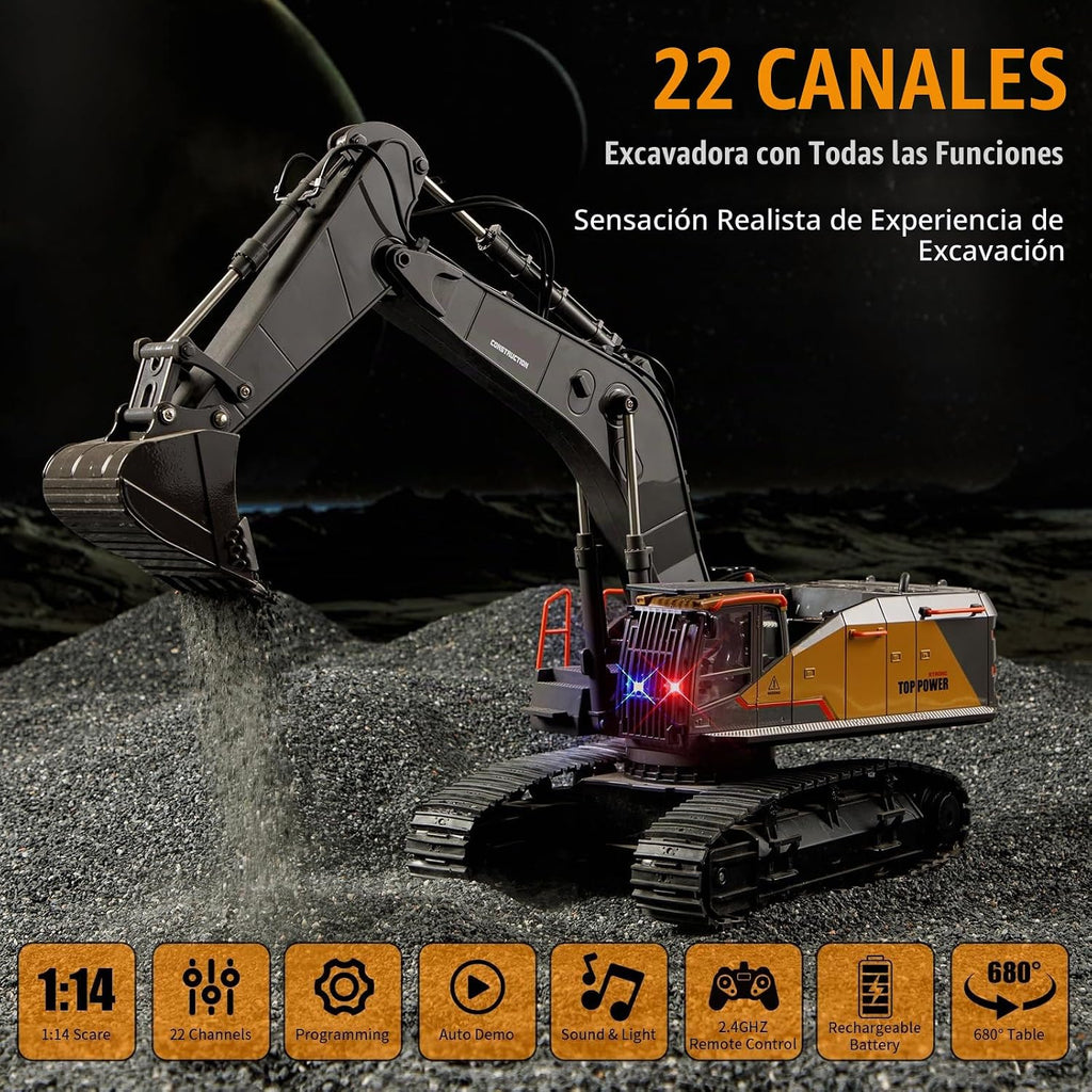 Camión excavadora de control remoto de 20.4 pulgadas, 22 canales, escala 1/14, pala de metal, brazos independientes, máquina de excavación a control remoto, vehículos de construcción de aleación de metal, juguete para principiantes de 14 años