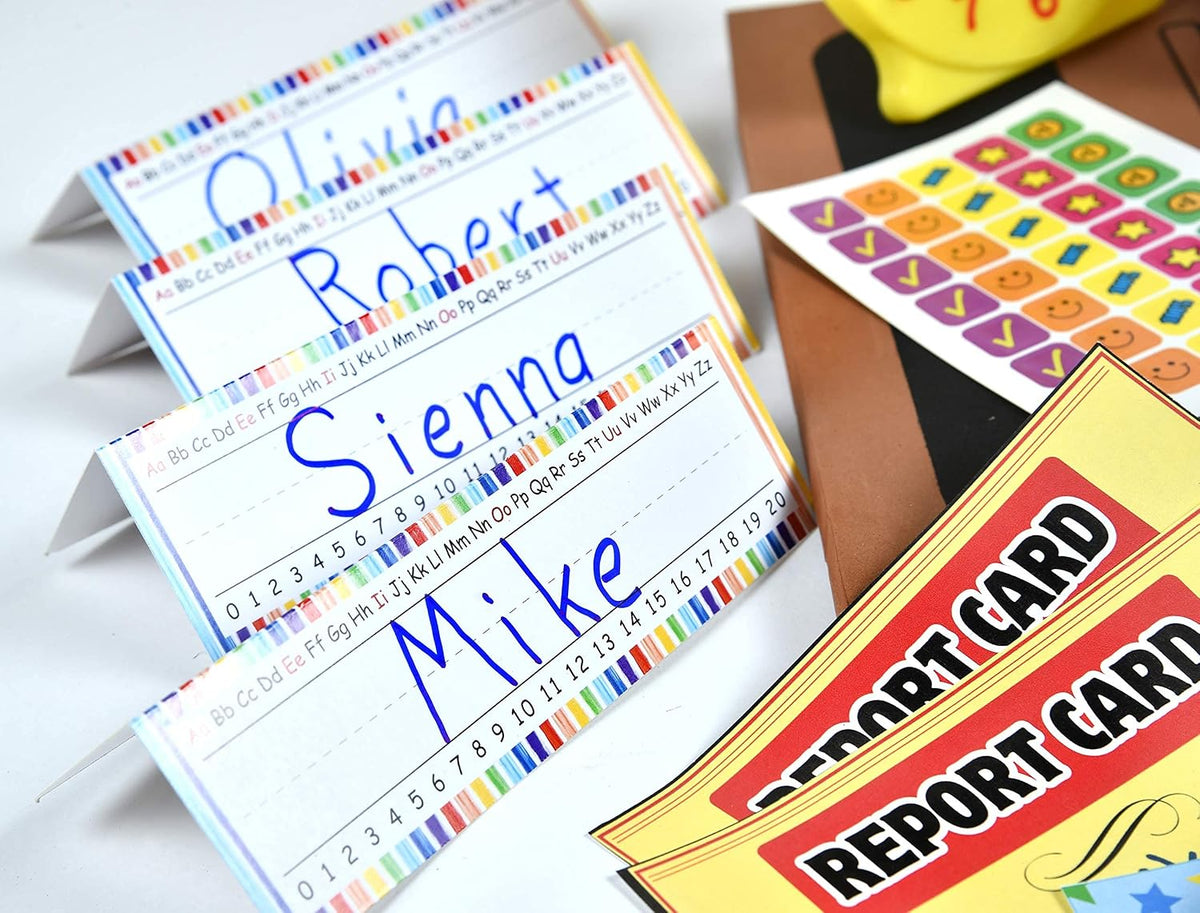 El juego de rol para profesores incluye pizarra blanca reutilizable, campana, tarjetas de calificaciones, para el hogar o el aula, más de 30 piezas incluidas, regalo para niños, juego completo