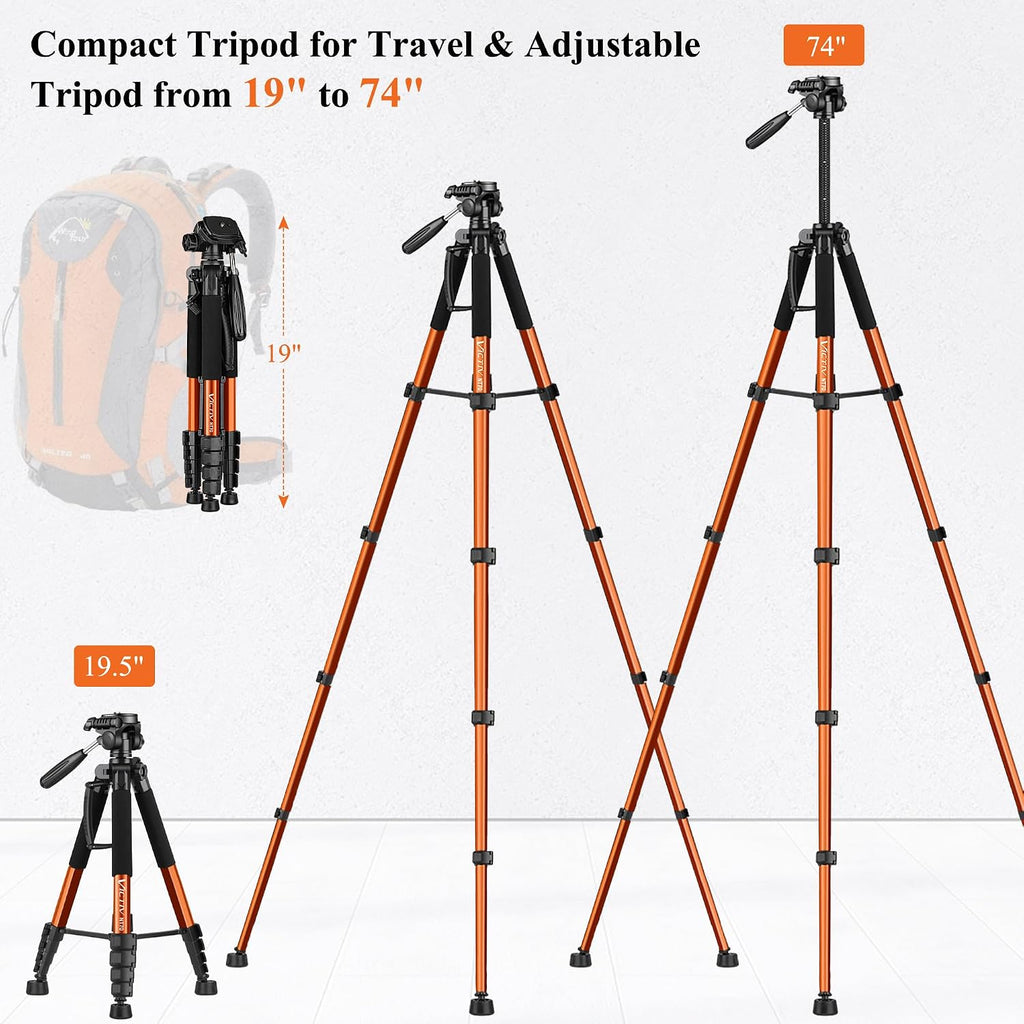 VICTIV - Trípode de 74 pulgadas para cámara y teléfono celular, trípode profesional de aluminio resistente con bolsa de transporte, compatible con cámara DSLR, SLR, iPhone, Canon, Nikon