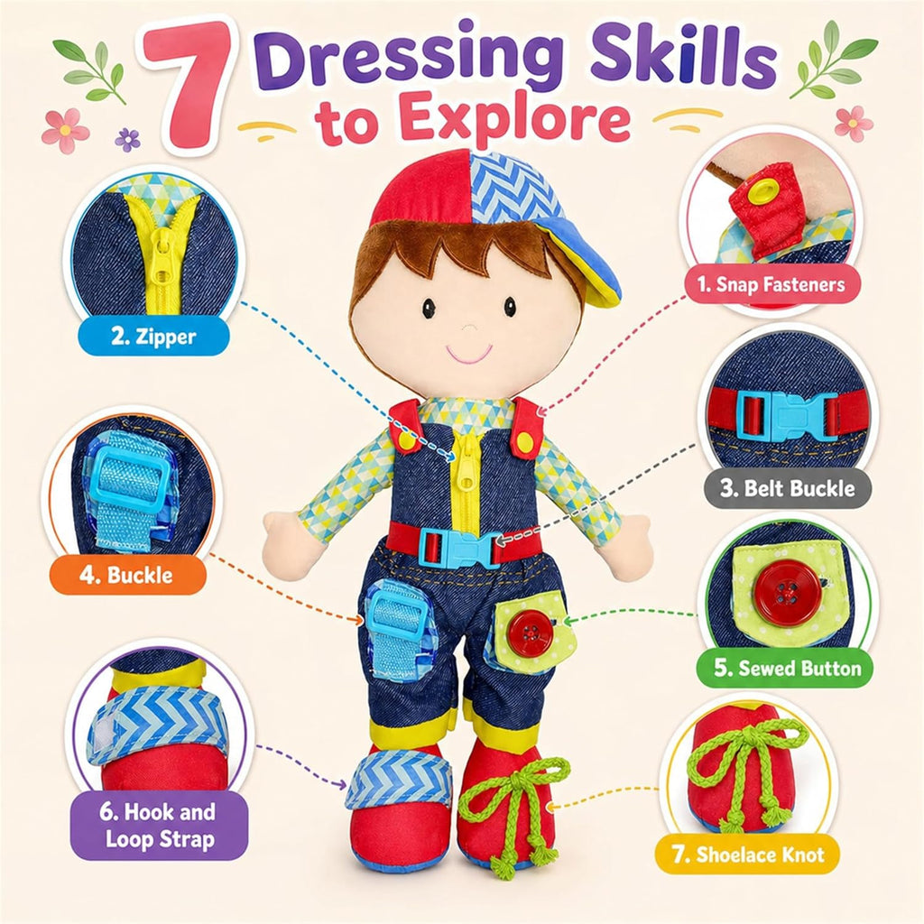 June Garden Dressy Friends Lucas de 15.5 pulgadas, muñeca de peluche educativa para niños y niños pequeños de 2 años en adelante, juguete suave con hebilla Montessori