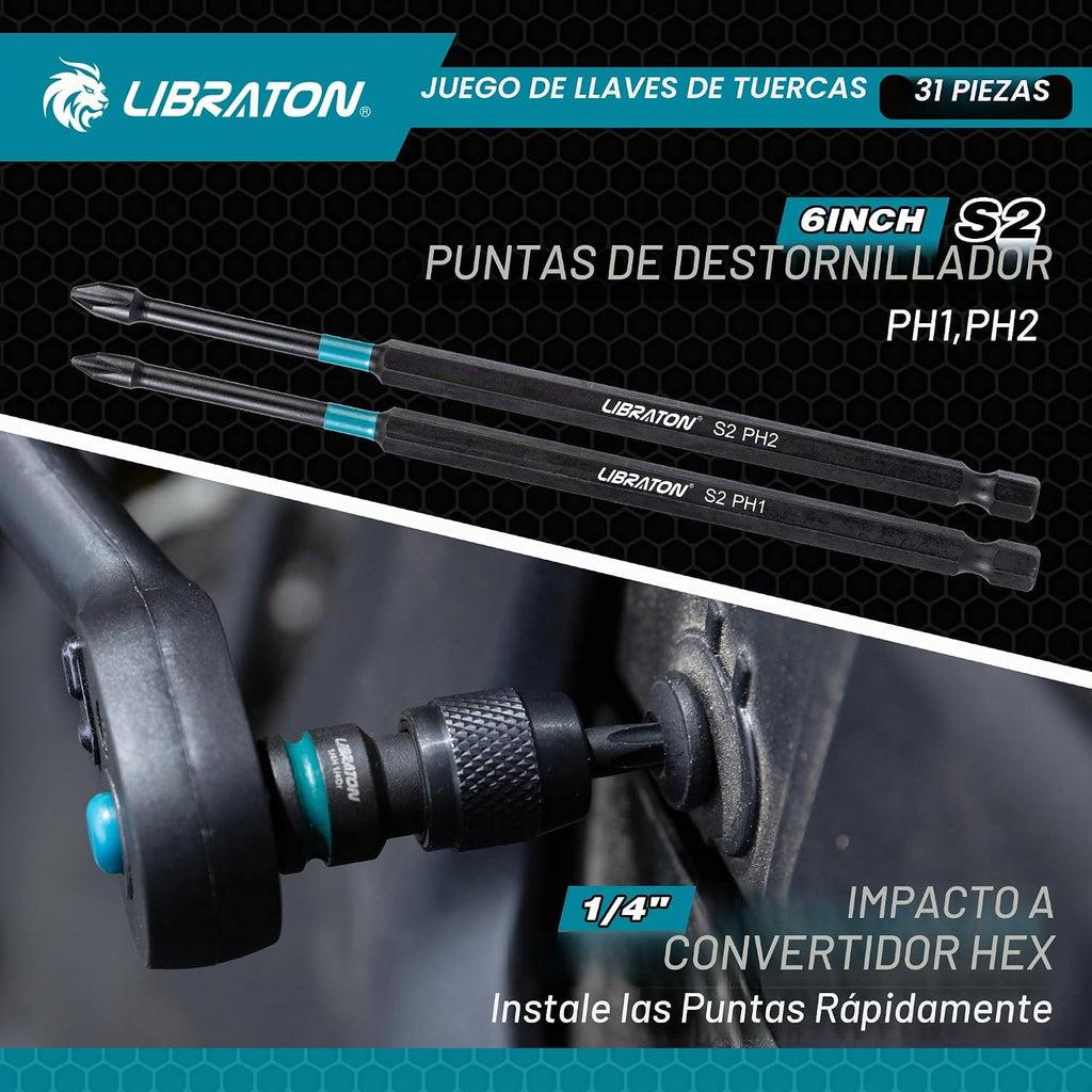 LIBRATON Juego de Destornilladores de Tuerca Magnéticos 31 Piezas, Juego de Puntas para Taladro de Impacto 1/4"