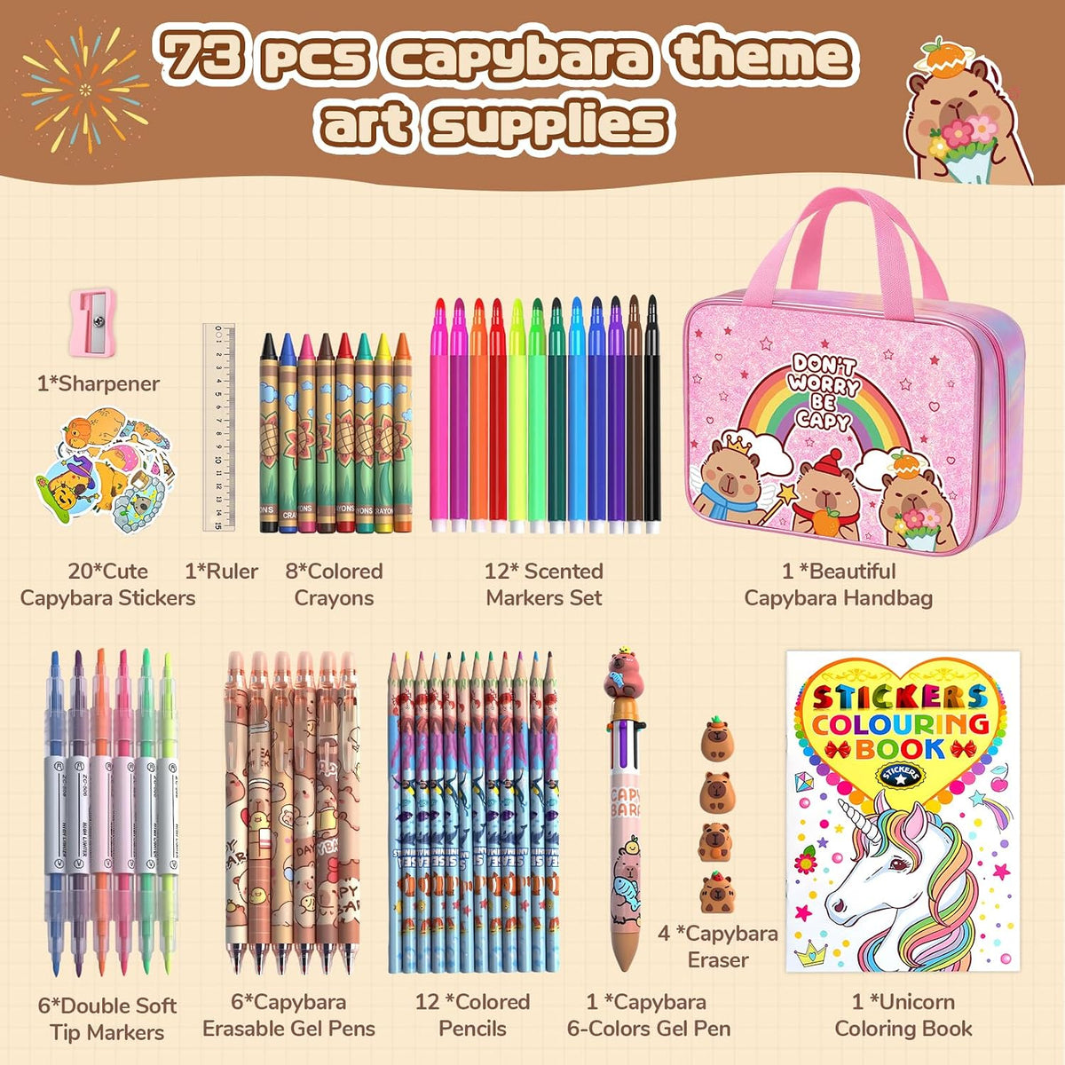 DreamyCandy - Kit de dibujo Capybara de 73 piezas para niños de 4 a 8 años