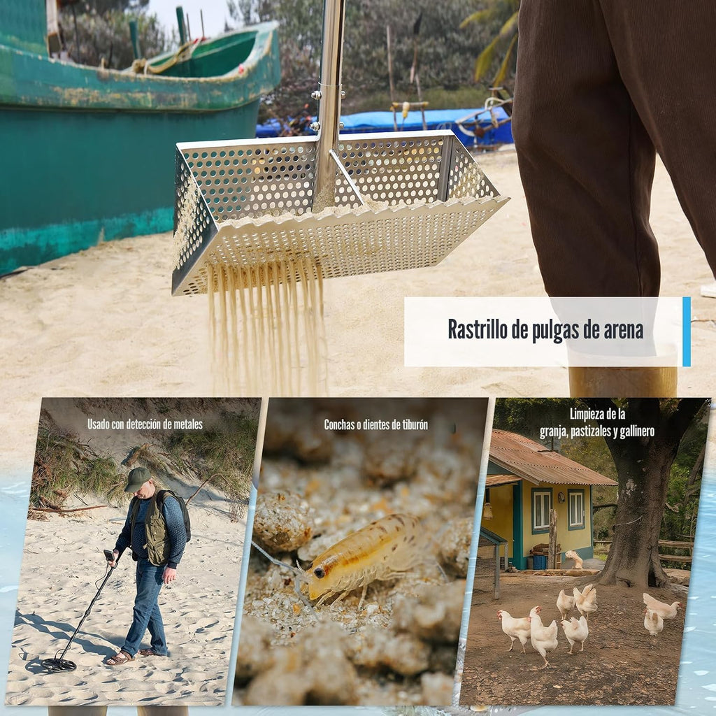 Rastrillo para pulgas de arena, tamiz de arena de mango largo para la playa, tamiz de dientes de tiburón de acero inoxidable viene con una pantalla de malla de 16 pulgadas de ancho para recoger pulgas