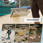Rastrillo para pulgas de arena, tamiz de arena de mango largo para la playa, tamiz de dientes de tiburón de acero inoxidable viene con una pantalla de malla de 16 pulgadas de ancho para recoger pulgas