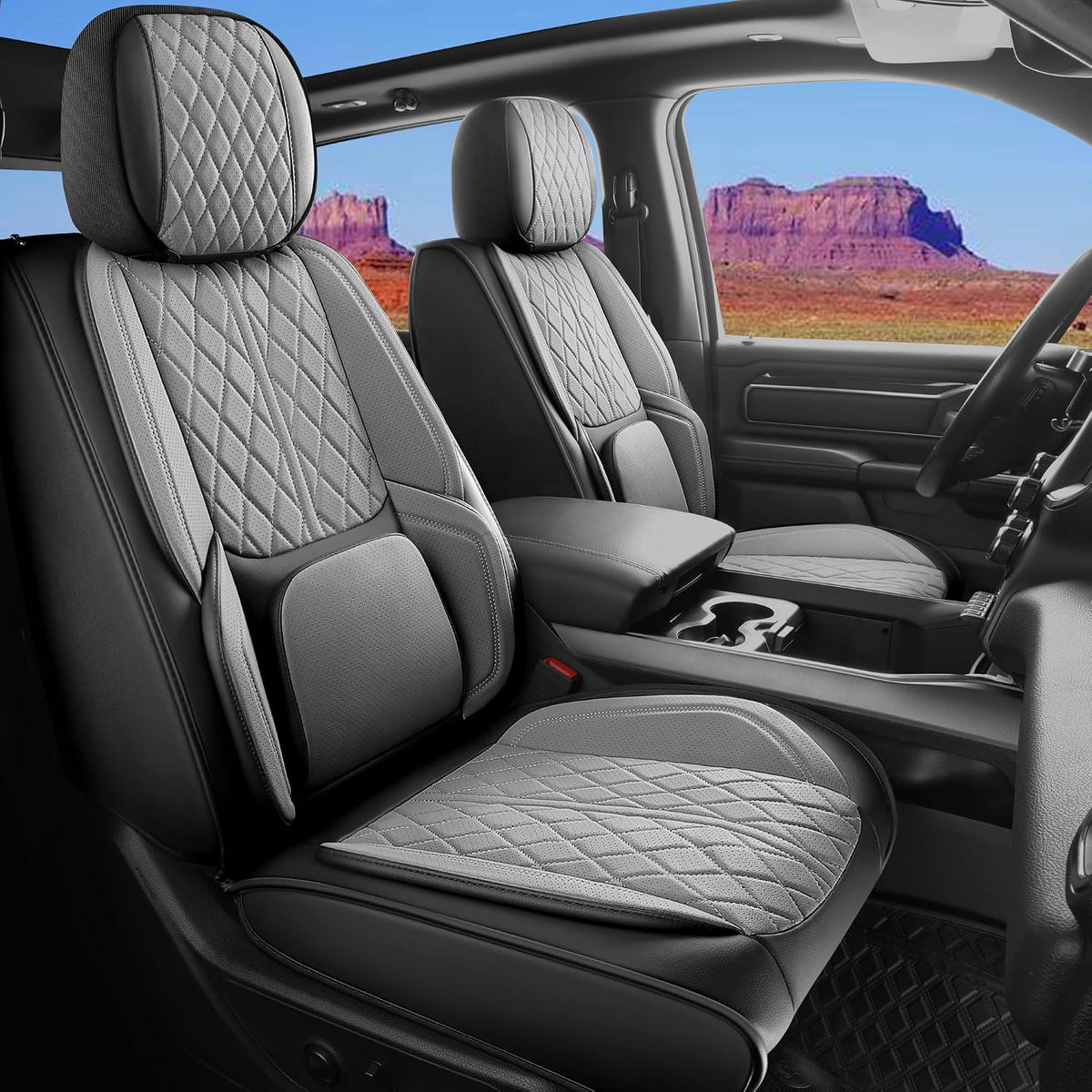 Funda de asiento de automóvil ajuste personalizado para Dodge Ram 1500 2500 3500 2002-2026, juego de fundas de asiento de piel sintética compatible con cojines de cabina regular Crew Quad (negro y gris, asiento delantero)