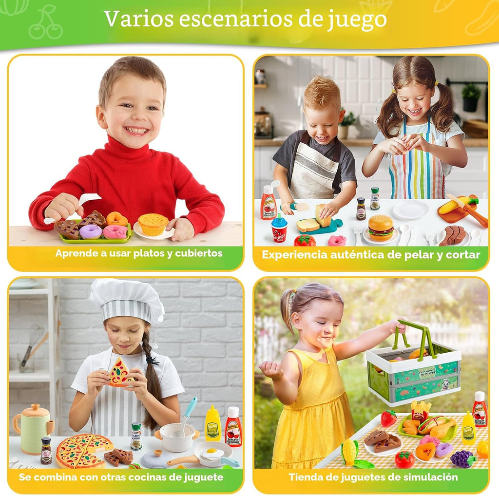 78 piezas de alimentos de juguete para cocina de niños, alimentos de juguete para cortar con canasta de almacenamiento, accesorios de cocina de juguete, juguetes de comida con verduras, frutas, comida