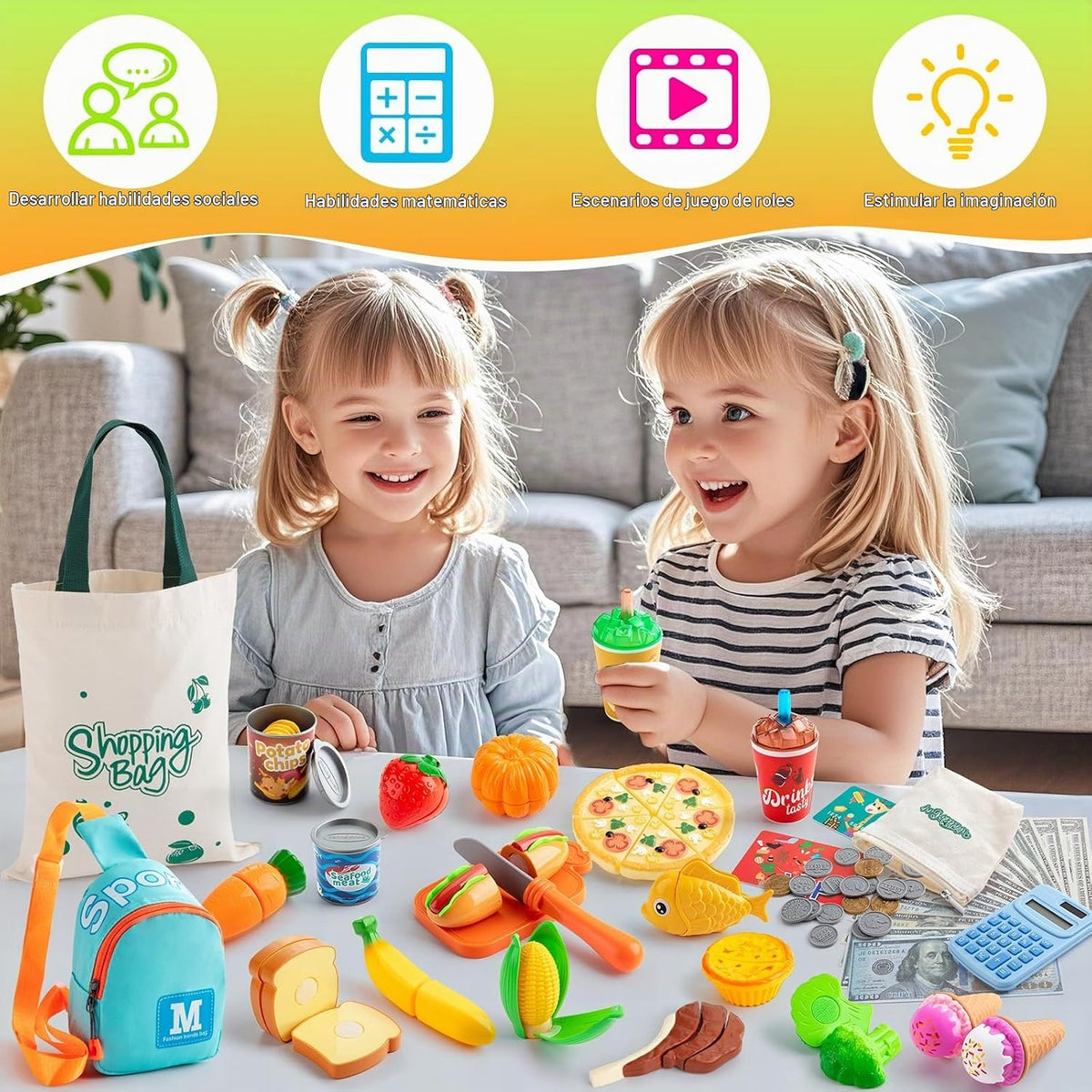 Juegos de comida de juego de simulación para cocina de niños, juego de tienda de comestibles con bolsas de compras, calculadora, juguetes de corte para niños pequeños, dinero de juego, bolsa de cabestrillo, accesorios de cocina de plástico para niños mayo
