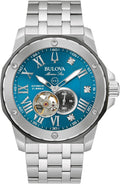 Bulova Marc Anthony Reloj Automático Marine Star de Acero Inoxidable para Hombre, Apertura Abierta, Parte Posterior de Caja de Exhibición, Esfera Azul Sunray con Acento de Diamante, (Modelo: 98D184)