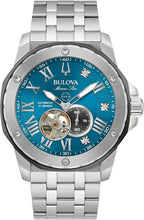 Bulova Marc Anthony Reloj Automático Marine Star de Acero Inoxidable para Hombre, Apertura Abierta, Parte Posterior de Caja de Exhibición, Esfera Azul Sunray con Acento de Diamante, (Modelo: 98D184)