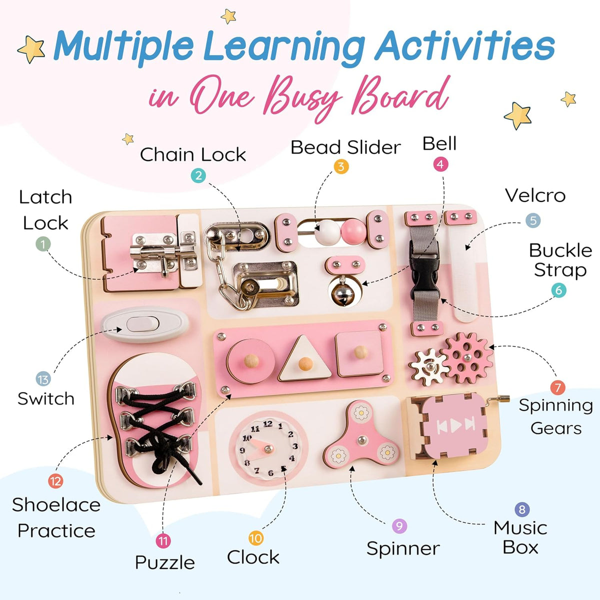 Montessori - Tabla de actividades sensoriales para bebés y niños pequeños de 1 a 3 años, tabla de actividades sensoriales de madera con 13 actividades, cerraduras y pestillos de metal real, juguete educativo para habilidades motoras finas para niños de 1,