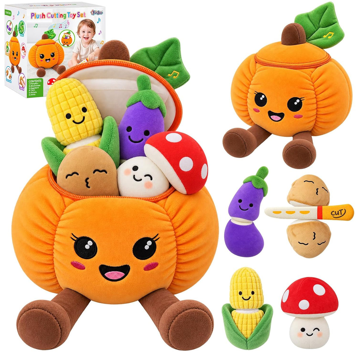Juguetes sensoriales musicales, juguetes Montessori para bebés de 1 año de edad, frutas y verduras, 6 unidades | Juguete de peluche Montessori sensorial para jugar, juguete de aprendizaje con texturas