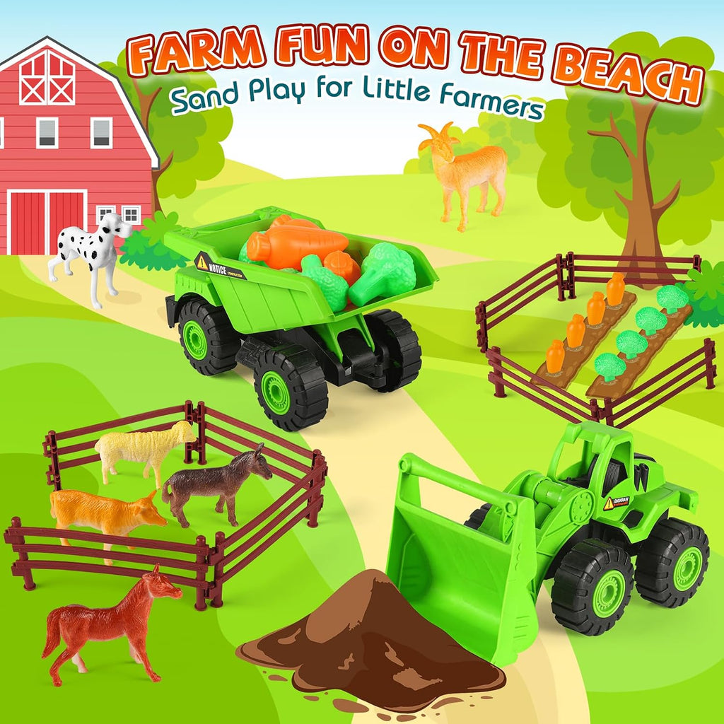 Juguetes de playa de granja con camiones, animales, verduras para