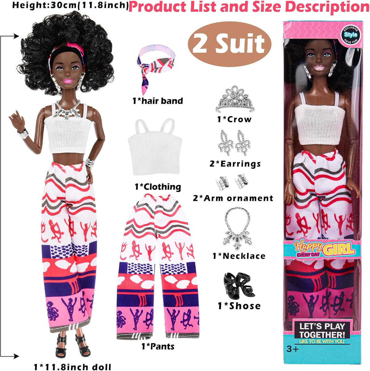 dollbie Juego de 6 muñecas de moda afroamericana con trajes para mezclar y combinar, muñecas negras posables de 11.5 pulgadas y 5 accesorios cada uno (corona, collar, pañuelo y más) + estuche de
