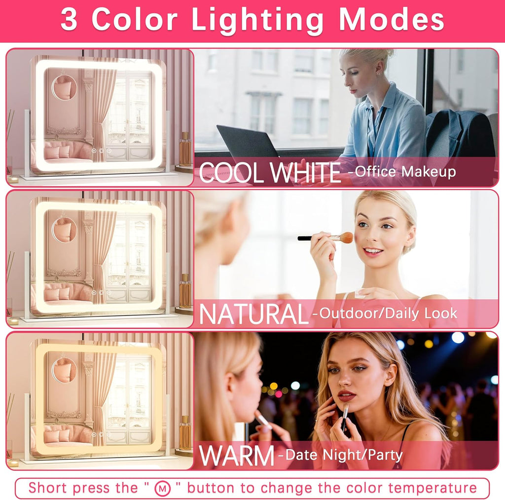 ROLOVE Espejo de tocador grande con luces, espejo de maquillaje iluminado de 22 x 17 pulgadas para escritorio, 3 luces LED regulables de color, control táctil inteligente y rotación de 360° (blanco)