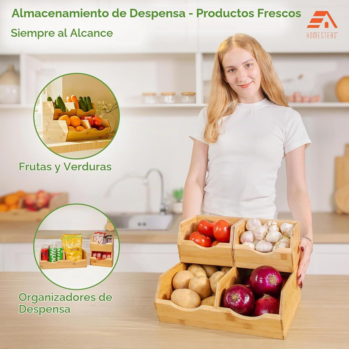 HOMESTEAD Contenedores de almacenamiento de despensa de bambú, apilables, para papas y cebollas, para encimera de cocina, organizador de despensa, cesta de frutas y verduras, multiusos, juego de 3 unidades de acceso deslizante