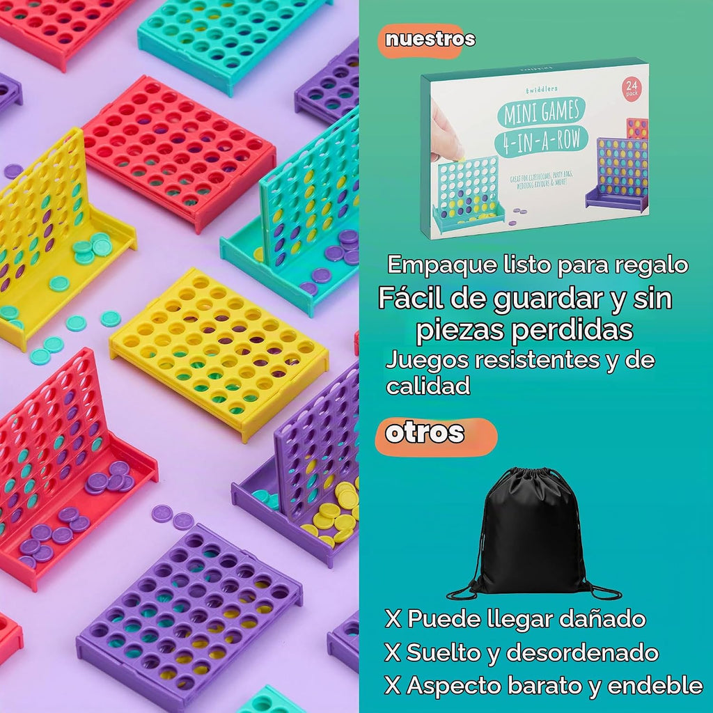 THE TWIDDLERS Paquete de 24 mini juegos de mesa cuatro en una fila, juguetes a granel (4 colores), regalos de regreso para niños para juegos de fiesta de cumpleaños, mini juegos de viaje para niños