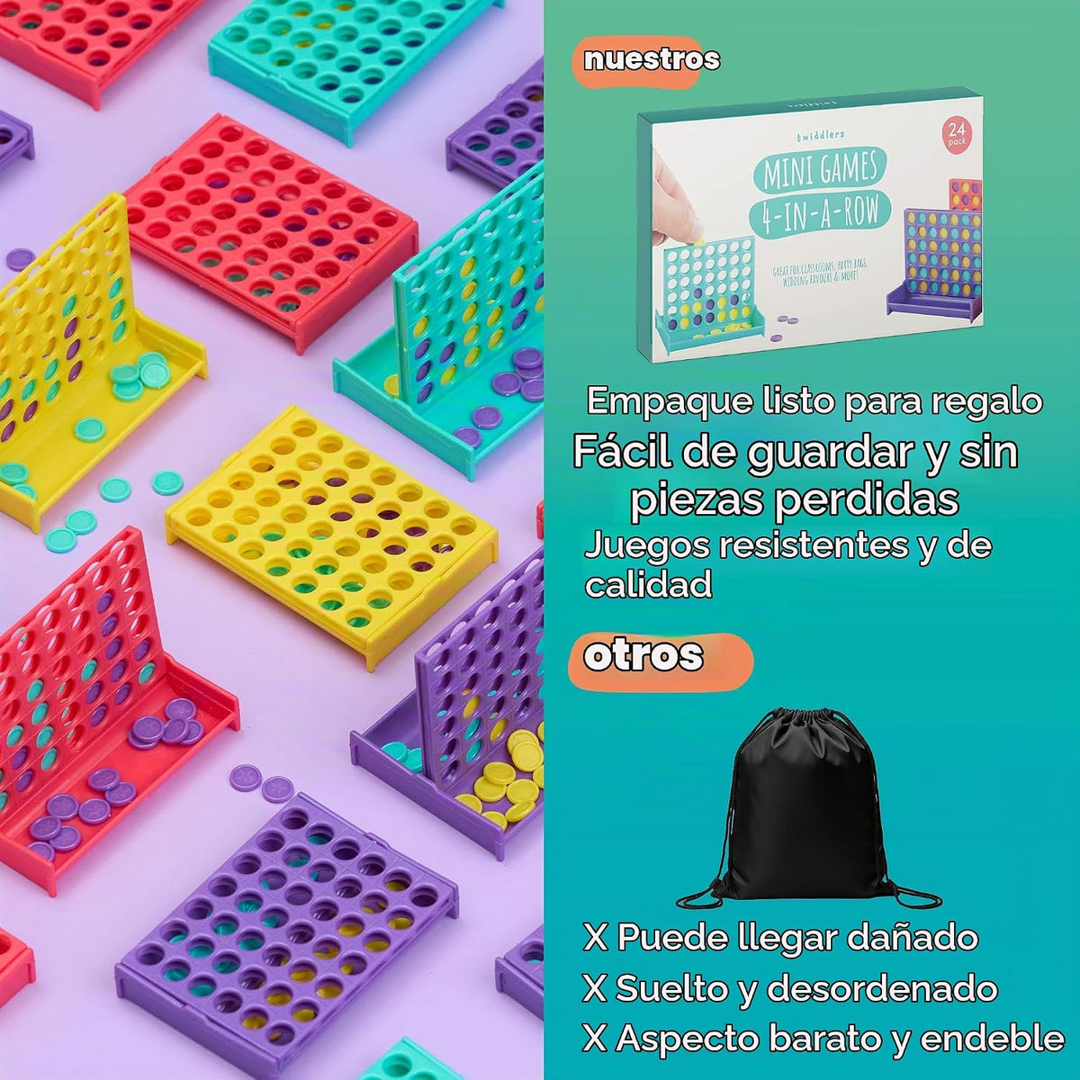 THE TWIDDLERS Paquete de 24 mini juegos de mesa cuatro en una fila, juguetes a granel (4 colores), regalos de regreso para niños para juegos de fiesta de cumpleaños, mini juegos de viaje para niños
